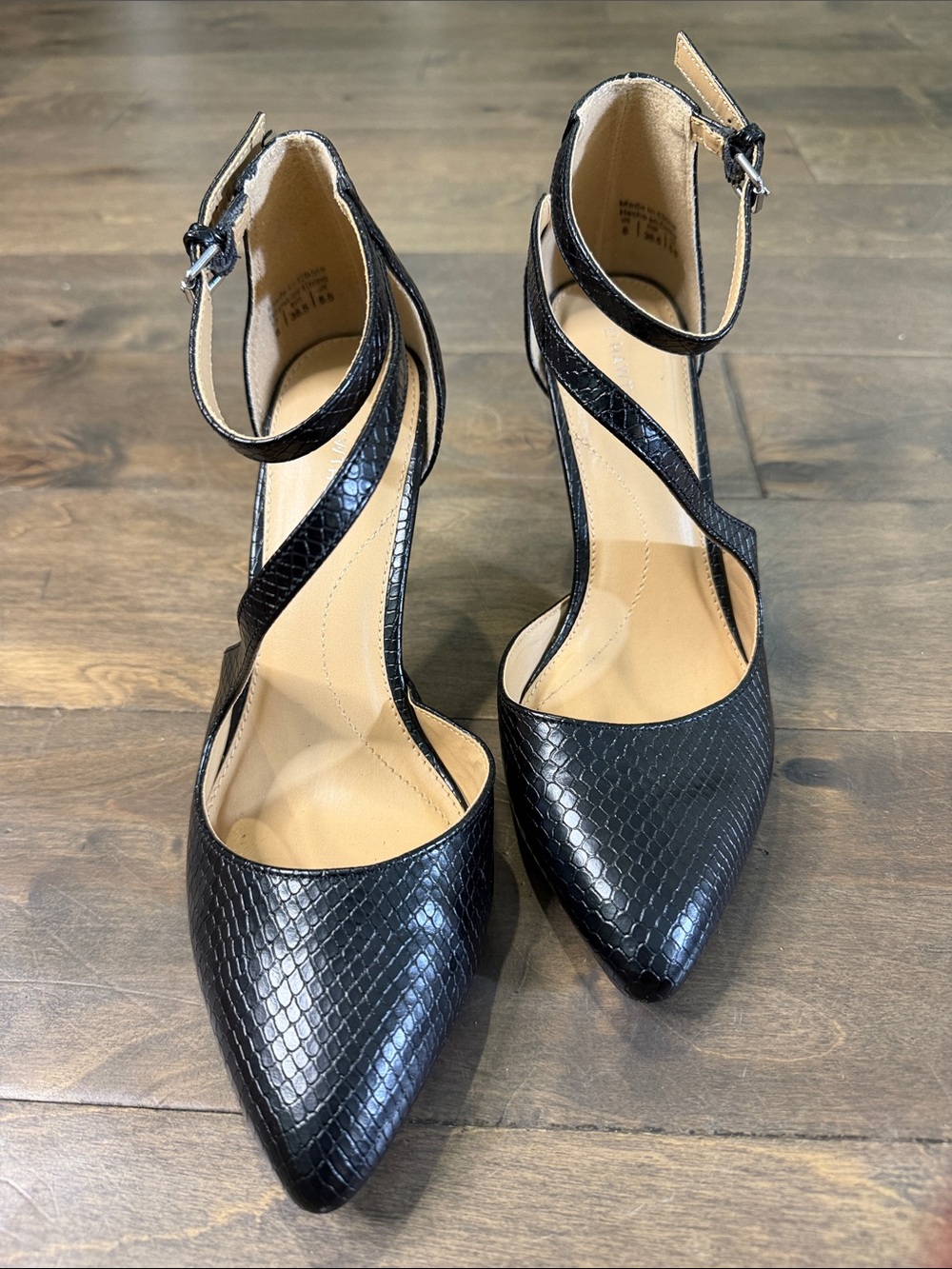 41 Hawthorn Black Faux-Snakeskin Pointed-Toe Ankle-Strap Pumps